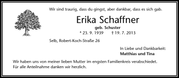 Traueranzeige von Erika Schaffner von Frankenpost