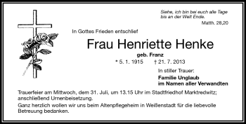 Traueranzeige von Henriette Henke von Frankenpost