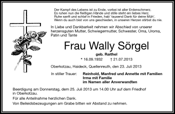 Traueranzeige von Wally Sörgel von Frankenpost