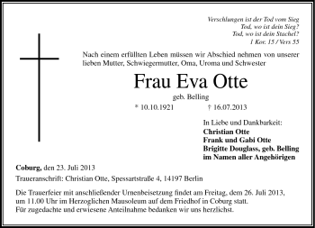 Traueranzeige von Eva Otte von Neue Presse Coburg