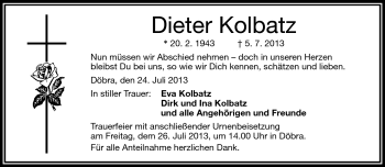 Traueranzeige von Dieter Kolbatz von Frankenpost