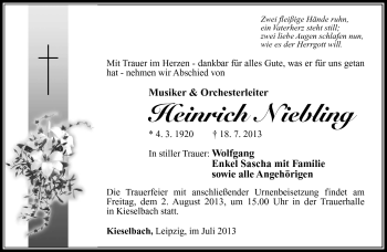 Traueranzeige von Heinrich Niebling von Südthüringer Presse