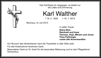 Traueranzeige von Karl Walther von Frankenpost
