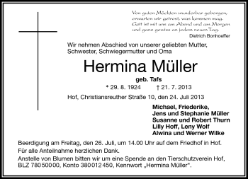 Traueranzeige von Hermina Müller von Frankenpost