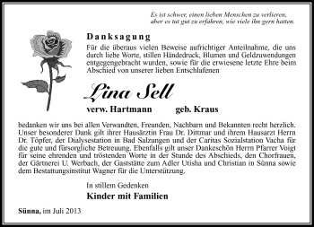 Traueranzeige von Lina Sell von Südthüringer Presse