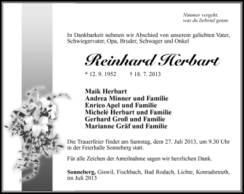 Traueranzeige von Reinhard Herbart von Südthüringer Presse
