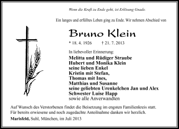 Traueranzeige von Bruno Klein von Südthüringer Presse