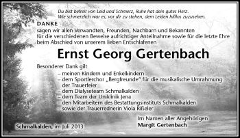 Traueranzeige von Ernst Georg Gertenbach von Südthüringer Presse