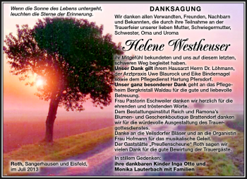 Traueranzeige von Helene Westheuser von Südthüringer Presse