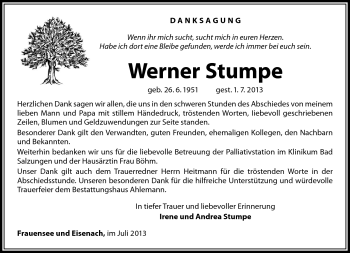 Traueranzeige von Werner Stumpe von Südthüringer Presse