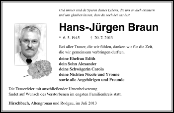Traueranzeige von Braun Hans-Jürgen von Südthüringer Presse