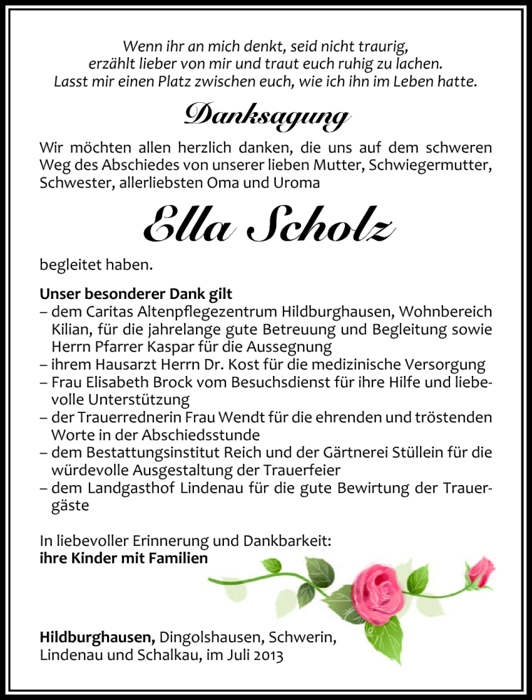  Traueranzeige für Ella Scholz vom 27.07.2013 aus Südthüringer Presse