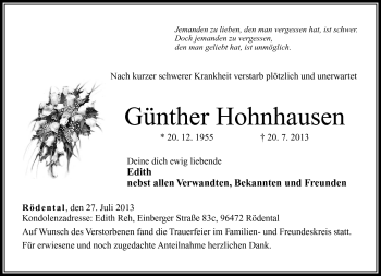 Traueranzeige von Günther Hohnhausen von Neue Presse Coburg
