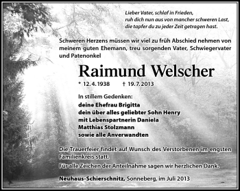 Traueranzeige von Raimund Welscher von Südthüringer Presse