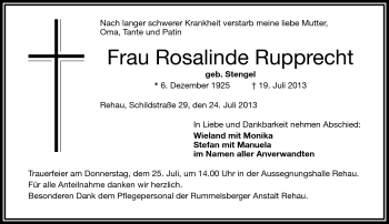 Traueranzeige von Rosalinde Rupprecht von Frankenpost