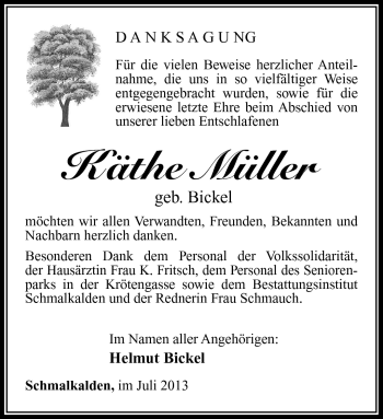 Traueranzeige von Käthe Müller von Südthüringer Presse