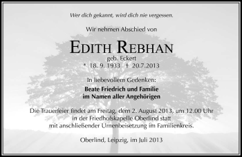 Traueranzeige von Edith Rrebhan von Südthüringer Presse