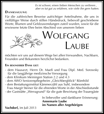 Traueranzeige von Wolfgang Laube von Südthüringer Presse