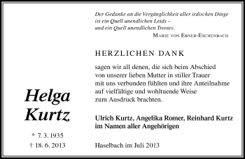 Traueranzeige von Helga Kurz von Südthüringer Presse