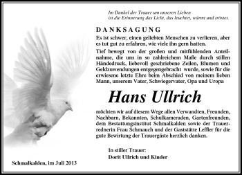 Traueranzeige von Hans Ullrich von Südthüringer Presse