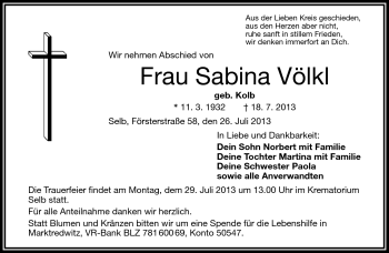 Traueranzeige von Sabina Völkl von Frankenpost