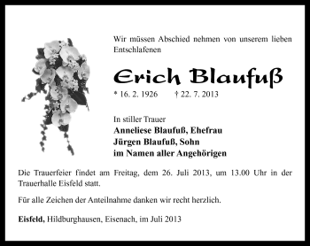 Traueranzeige von Erich Blaufuß von Südthüringer Presse