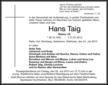 Traueranzeige von Hans Taig von Frankenpost