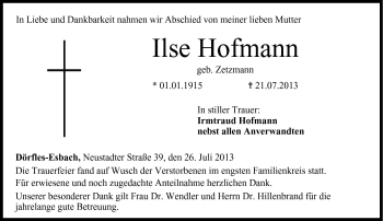 Traueranzeige von Ilse Hofmann von Neue Presse Coburg
