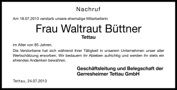 Traueranzeige von Waltraud Büttner von Neue Presse Coburg
