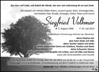 Traueranzeige von Siegfried Volkmar von Südthüringer Presse