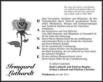 Traueranzeige von Irmgard Luthardt von Südthüringer Presse