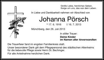 Traueranzeige von Johanna Pörsch von Frankenpost