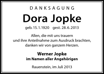 Traueranzeige von Dora Jopke von Südthüringer Presse