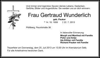 Traueranzeige von Gertraud Wunderlich von Frankenpost