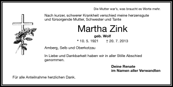 Traueranzeige von Martha Zink von Frankenpost