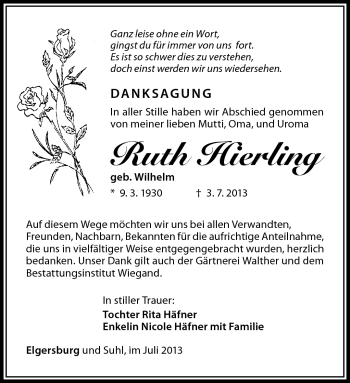 Traueranzeige von Ruth Hierling von Südthüringer Presse