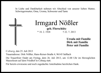 Traueranzeige von Irmgard Nößler von Neue Presse Coburg