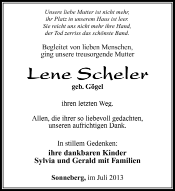 Traueranzeige von Lene Scheler von Südthüringer Presse