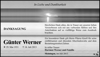 Traueranzeige von Günter Werner von Südthüringer Presse
