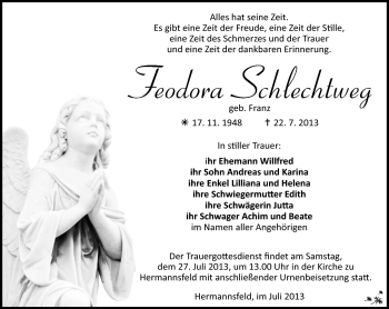 Traueranzeige von Feodora Schlechtweg von Südthüringer Presse