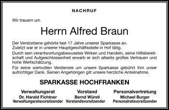Traueranzeige von Alfred Braun von Frankenpost