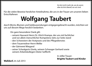 Traueranzeige von Wolfgang Taubert von Südthüringer Presse