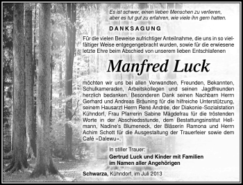 Traueranzeige von Manfred Luck von Südthüringer Presse