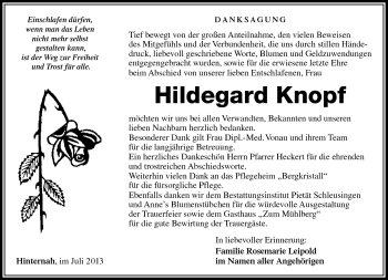 Traueranzeige von Hildegard Knopf von Südthüringer Presse