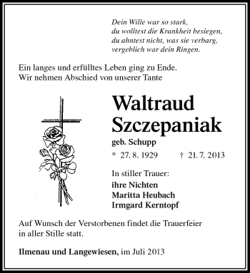 Traueranzeige von Waltraud Szczepaniak von Südthüringer Presse
