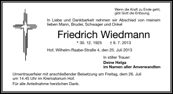 Traueranzeige von Friedrich Wiedmann von Frankenpost