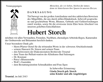 Traueranzeige von Hubert Storch von Südthüringer Presse