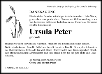 Traueranzeige von Ursula Peter von Südthüringer Presse