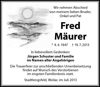 Traueranzeige von Fred Mäurer von Südthüringer Presse