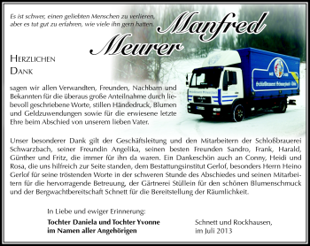 Traueranzeige von Manfred Meurer von Südthüringer Presse